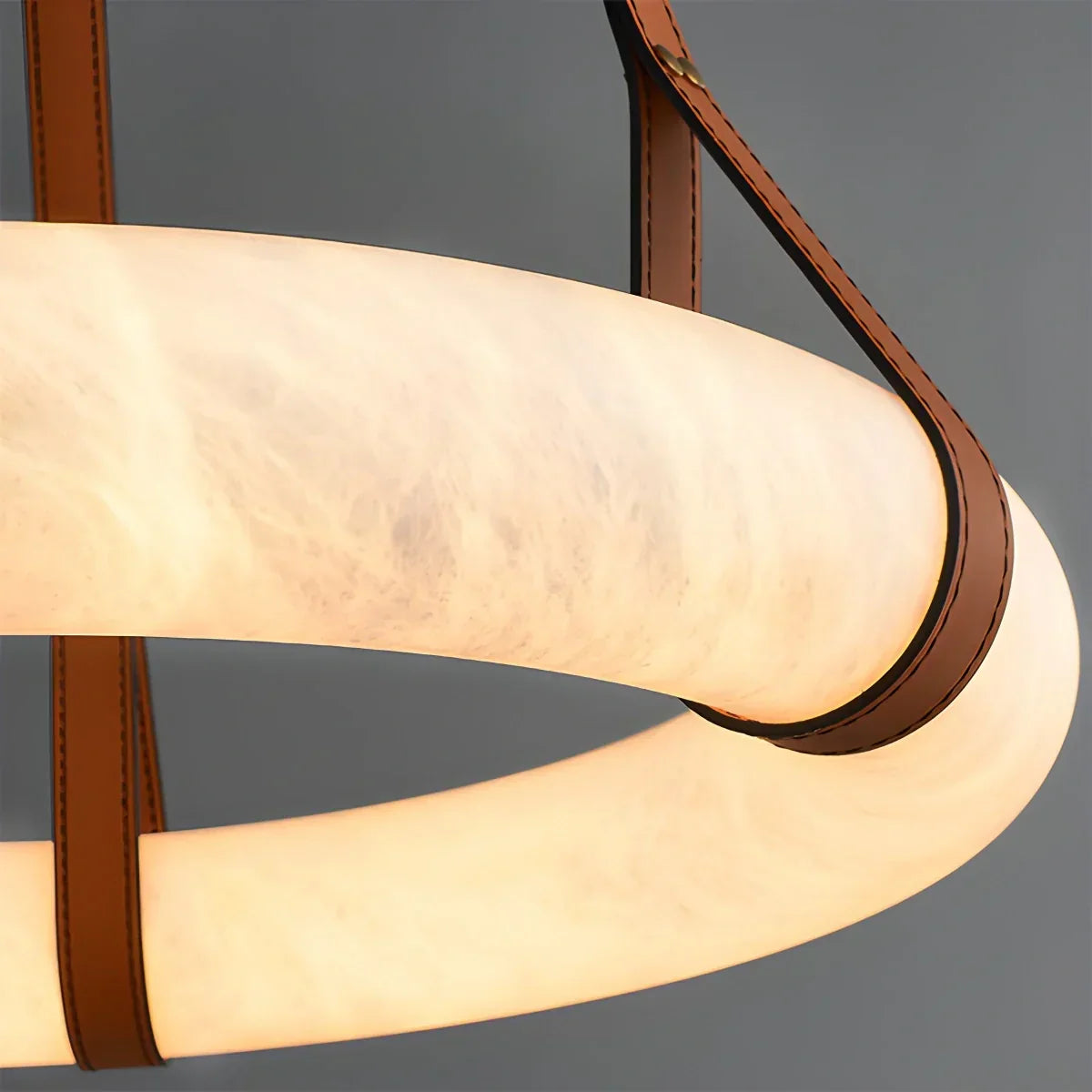 Round Spanish Alabaster Pendant Light Leather Hanging Wire | Desfino