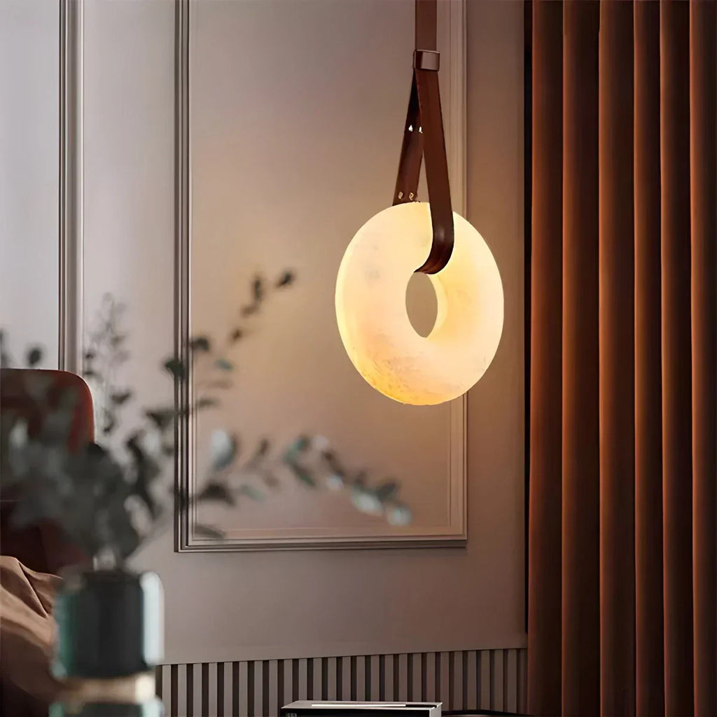 Round Spanish Alabaster Pendant Light Leather Hanging Wire | Desfino