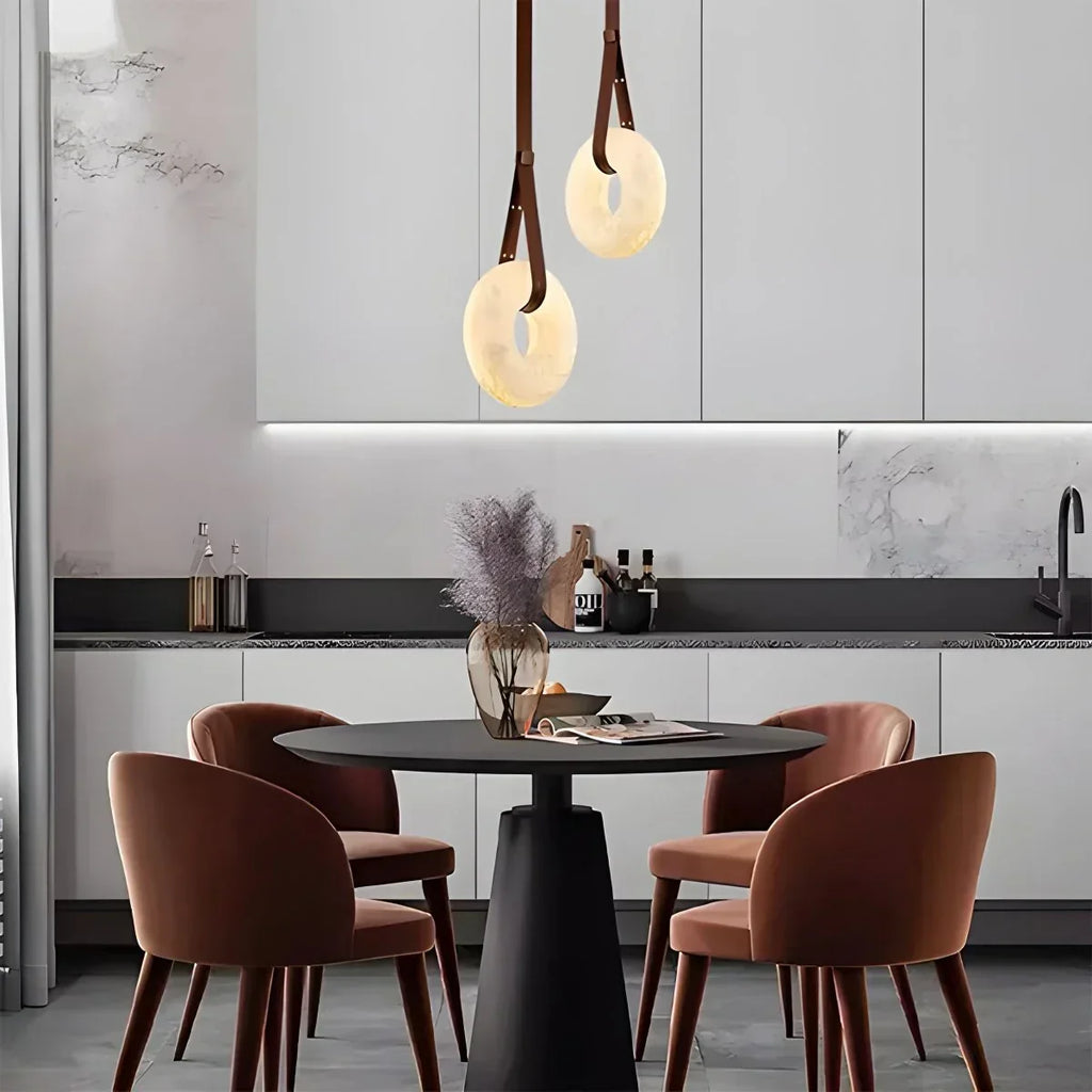 Round Spanish Alabaster Pendant Light Leather Hanging Wire | Desfino
