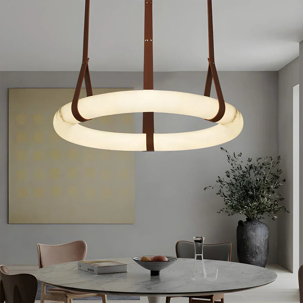 Round Spanish Alabaster Pendant Light Leather Hanging Wire | Desfino
