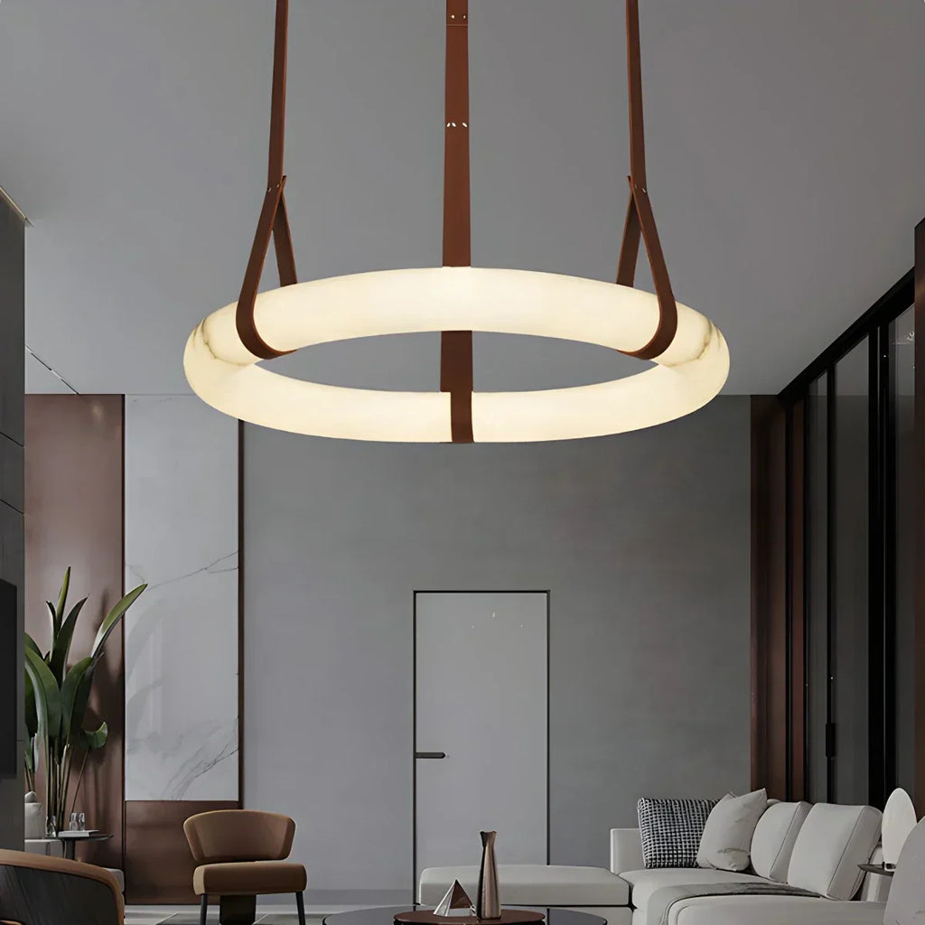 Round Spanish Alabaster Pendant Light Leather Hanging Wire | Desfino