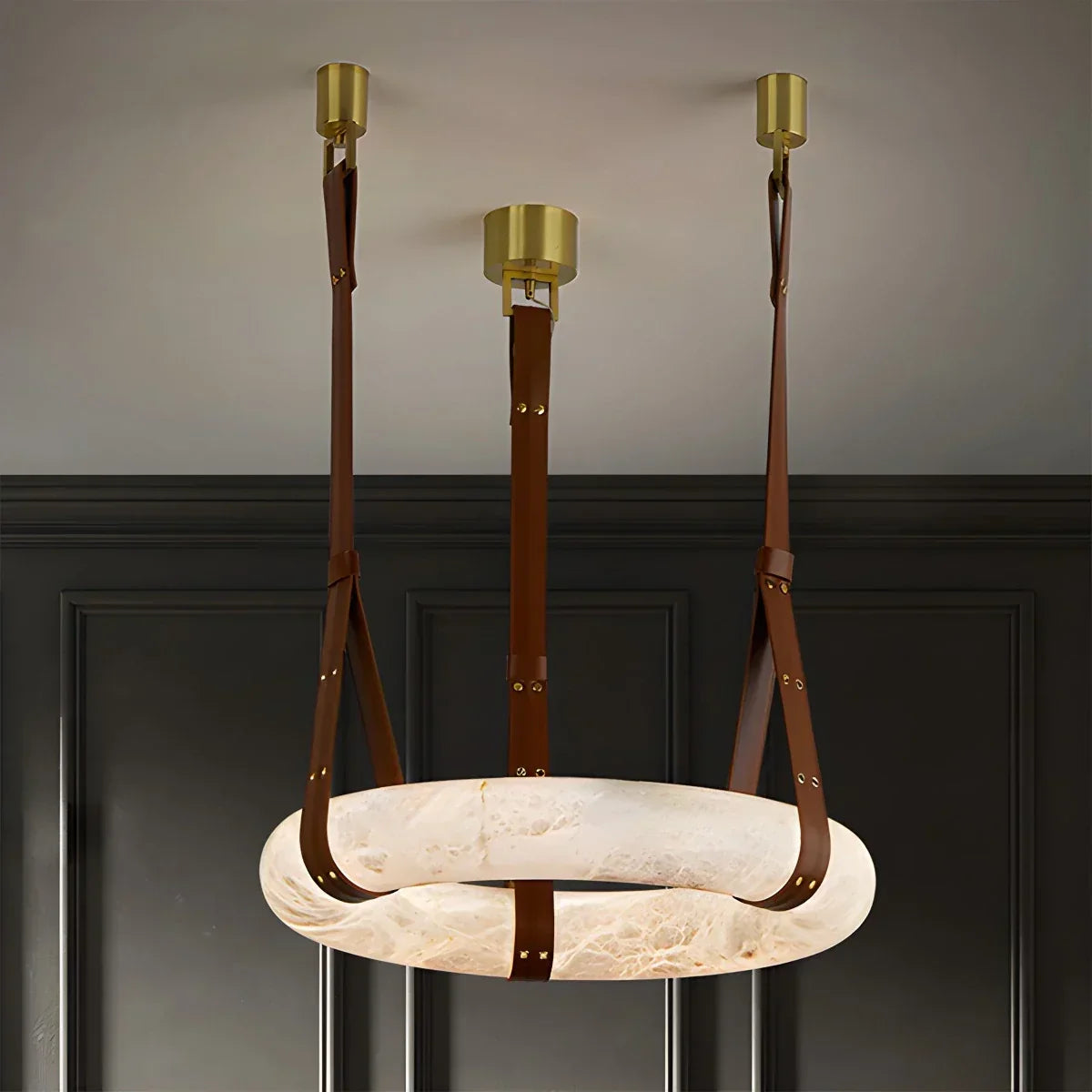 Round Spanish Alabaster Pendant Light Leather Hanging Wire | Desfino