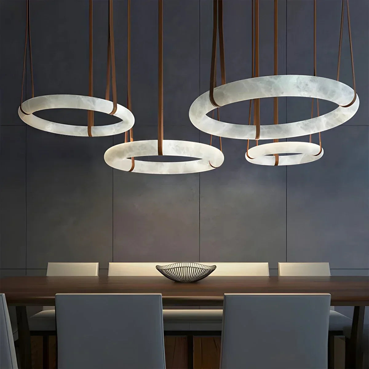 Round Spanish Alabaster Pendant Light Leather Hanging Wire | Desfino