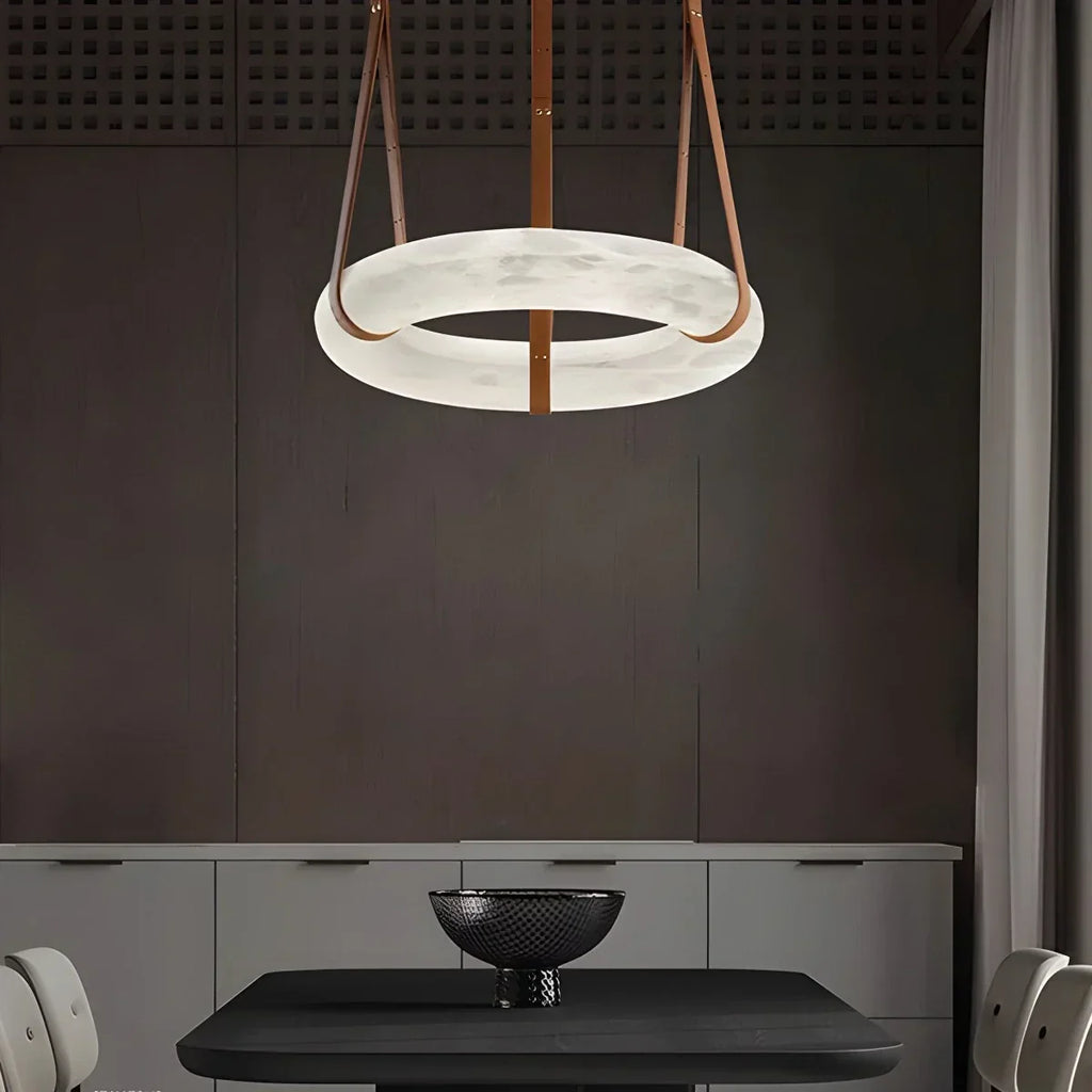 Round Spanish Alabaster Pendant Light Leather Hanging Wire | Desfino