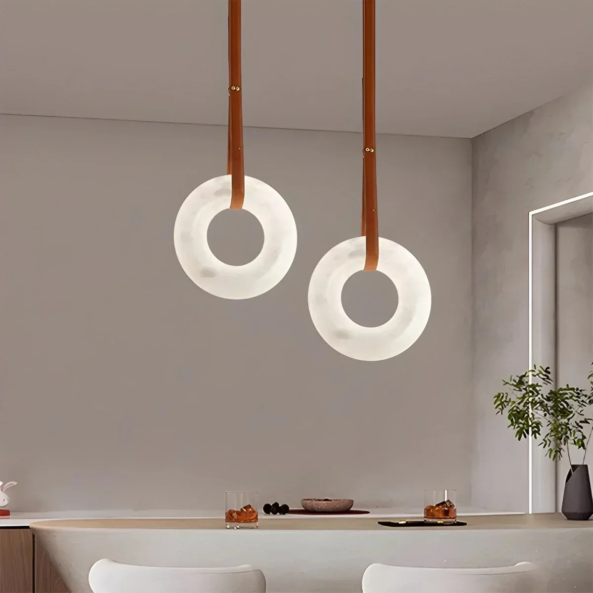 Round Spanish Alabaster Pendant Light Leather Hanging Wire | Desfino