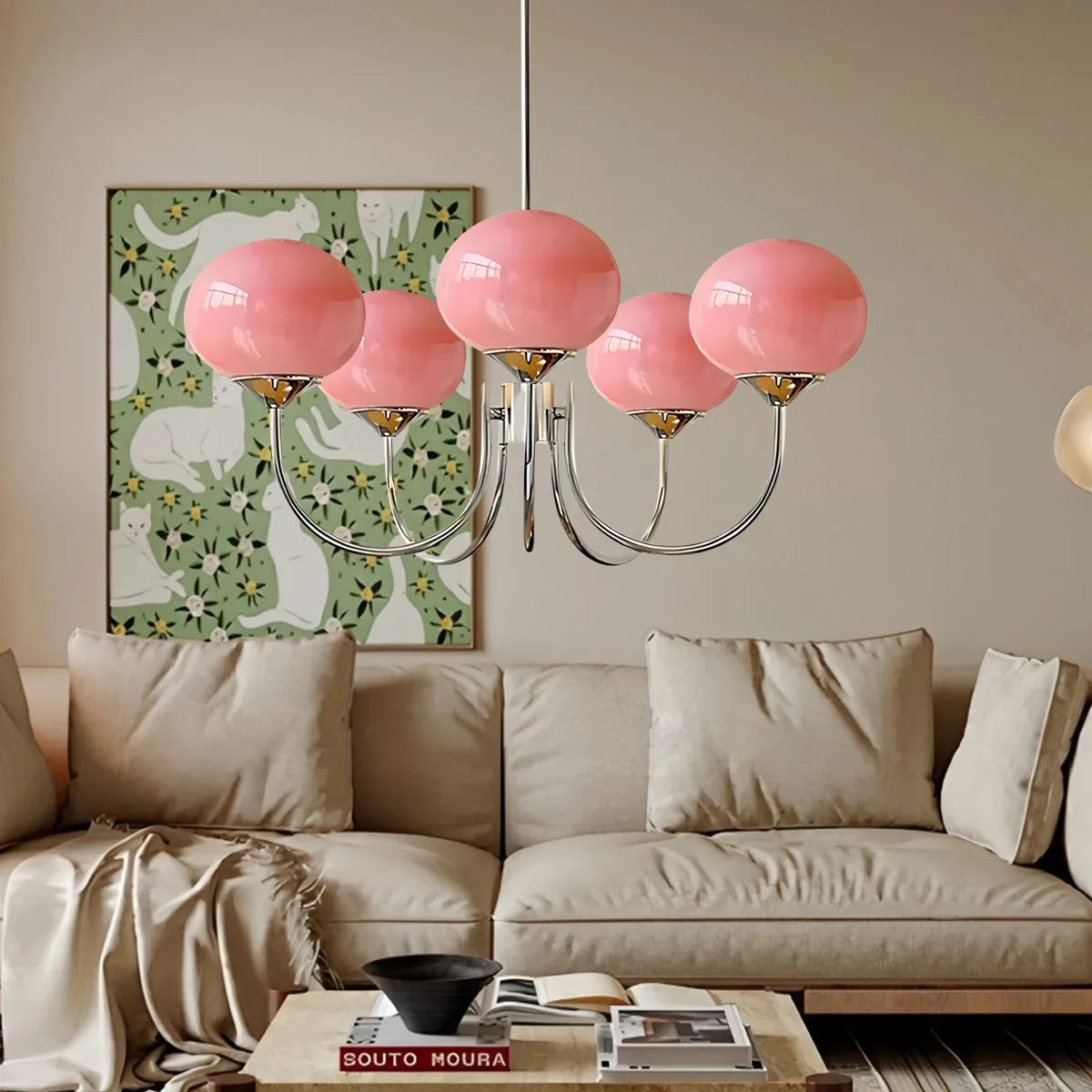 Pink Glass Globe Arm Chandelier for Living Room | Desfino