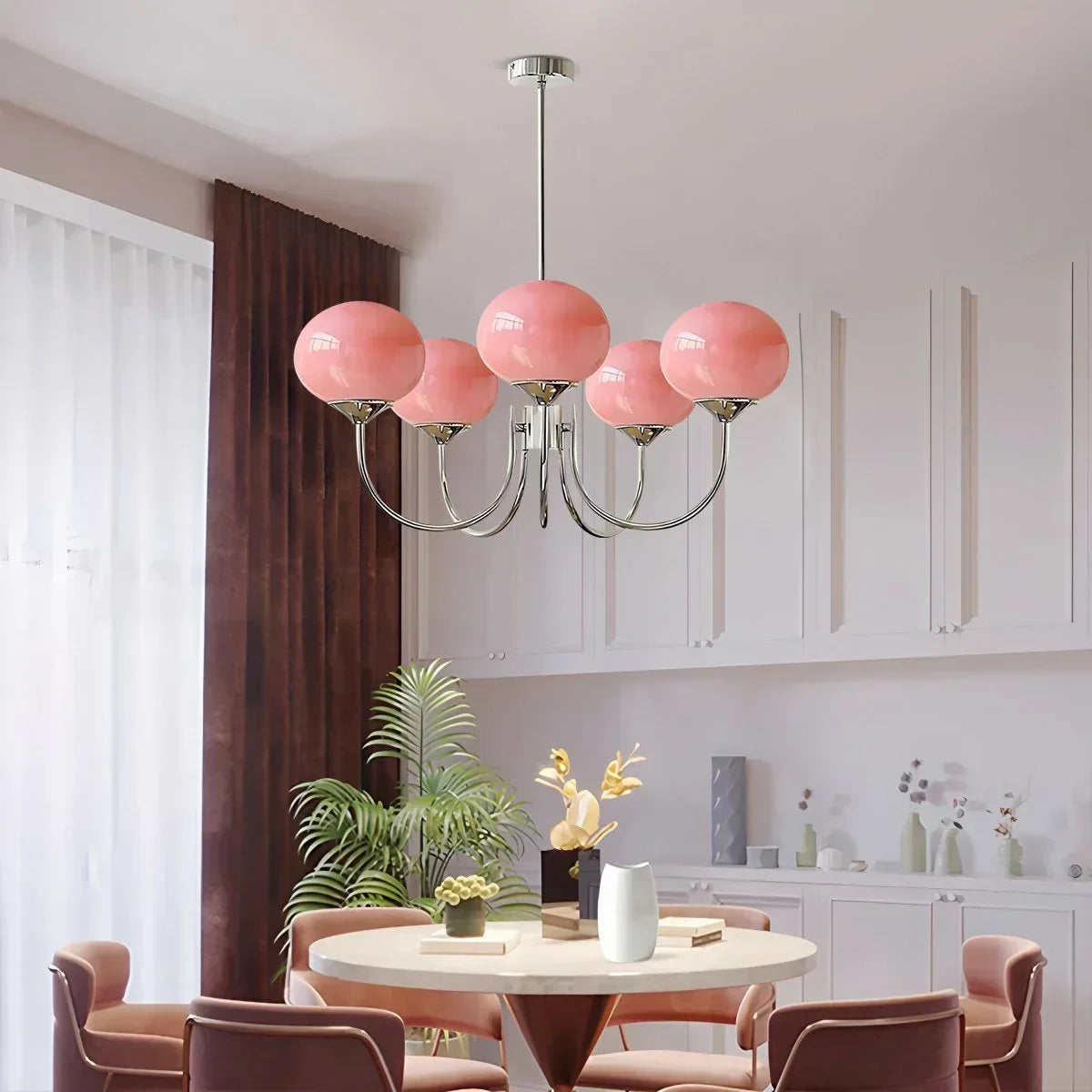 Pink Glass Globe Arm Chandelier for Living Room | Desfino