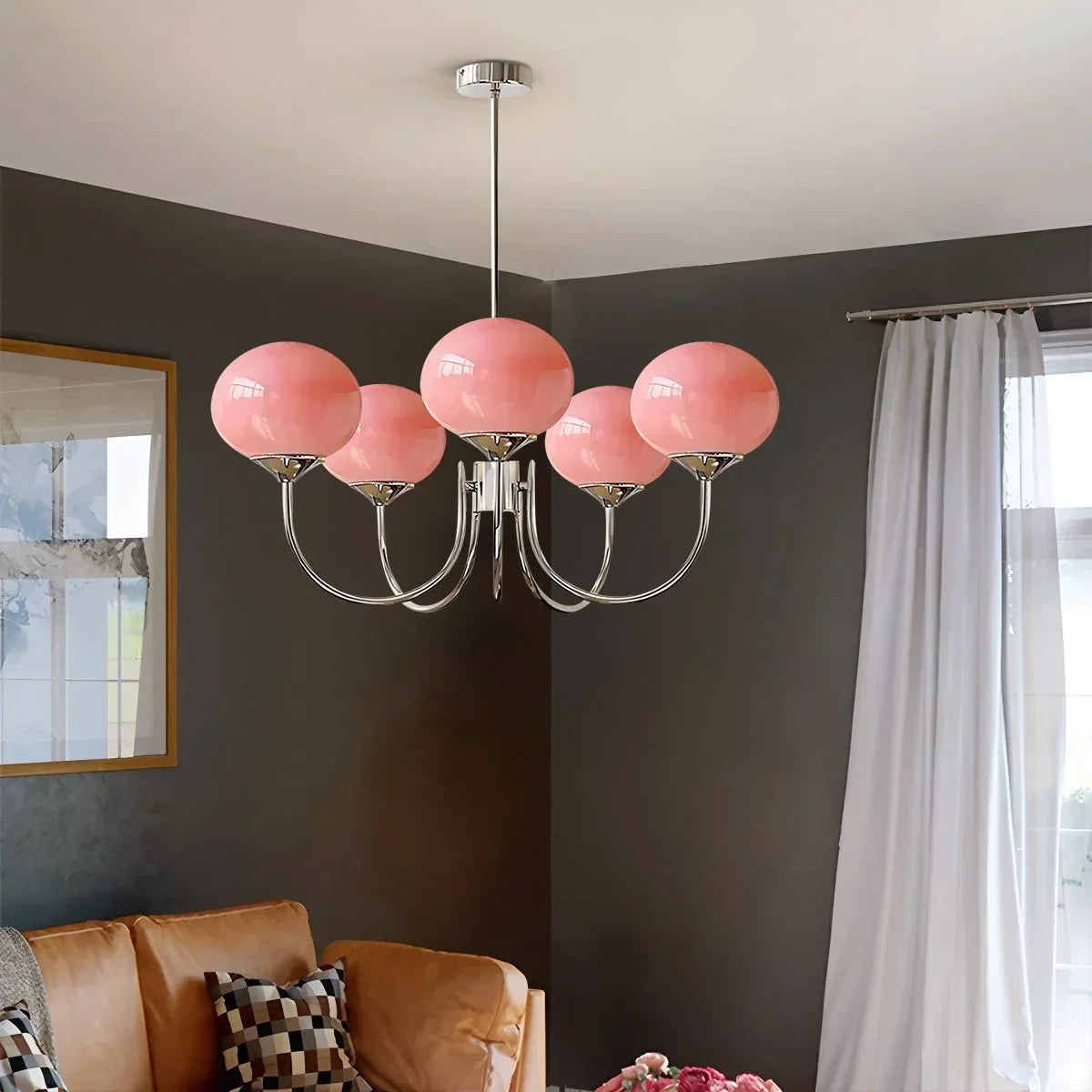 Pink Glass Globe Arm Chandelier for Living Room | Desfino