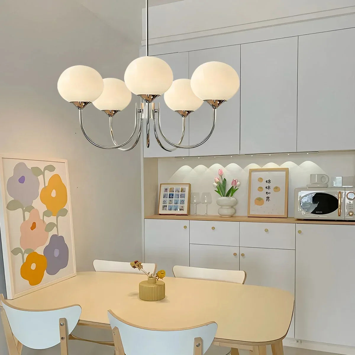 Pink Glass Globe Arm Chandelier for Living Room | Desfino