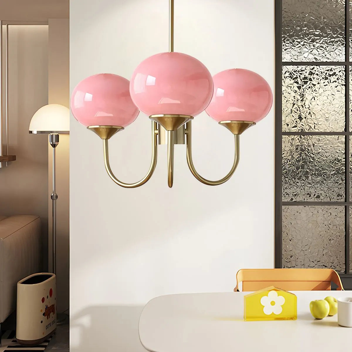 Pink Glass Globe Arm Chandelier for Living Room | Desfino