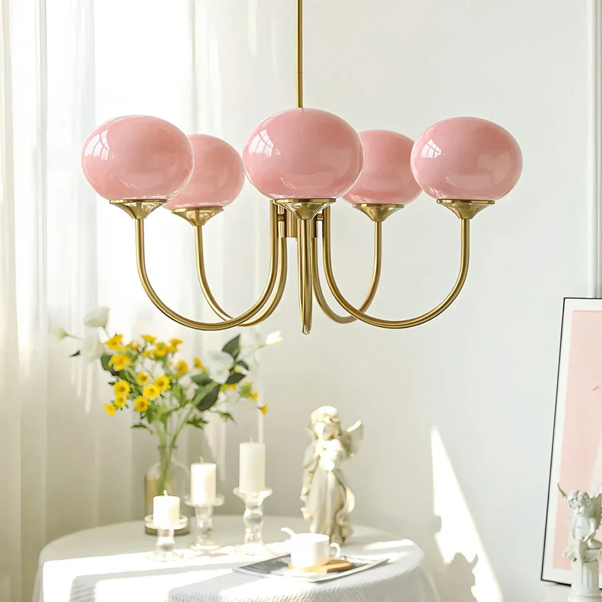 Pink Glass Globe Arm Chandelier for Living Room | Desfino