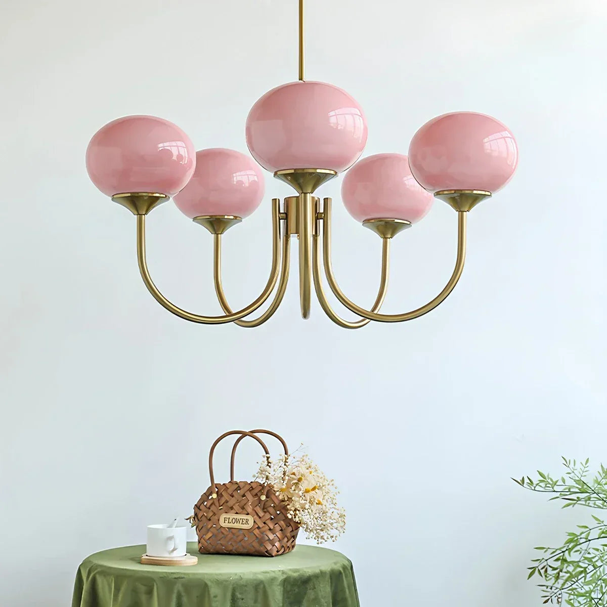 Pink Glass Globe Arm Chandelier for Living Room | Desfino
