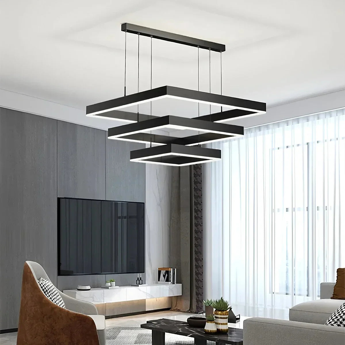 Tiered Black Square Pendant Lamp for Living Room | Desfino