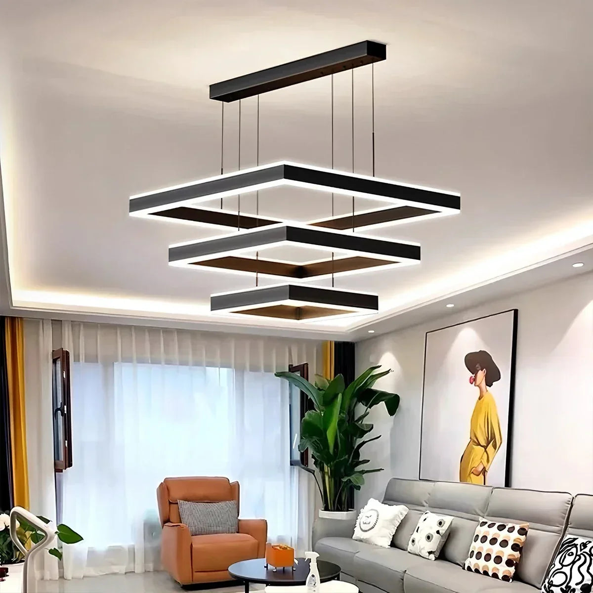 Tiered Black Square Pendant Lamp for Living Room | Desfino