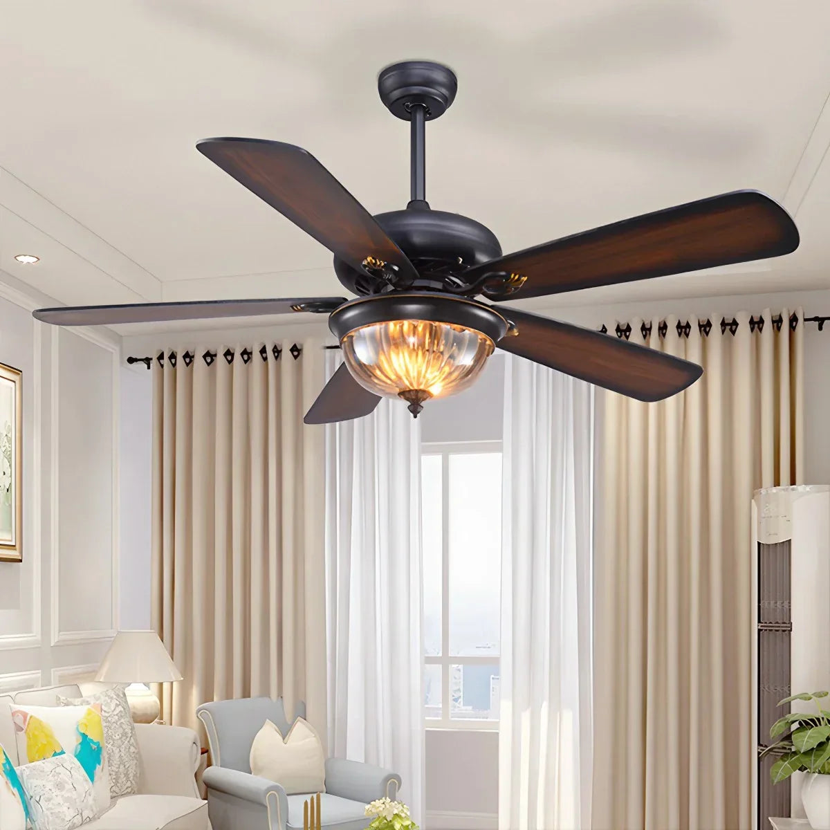 Vintage-Deckenventilator mit Holz und Licht für das Wohnzimmer | Desfino