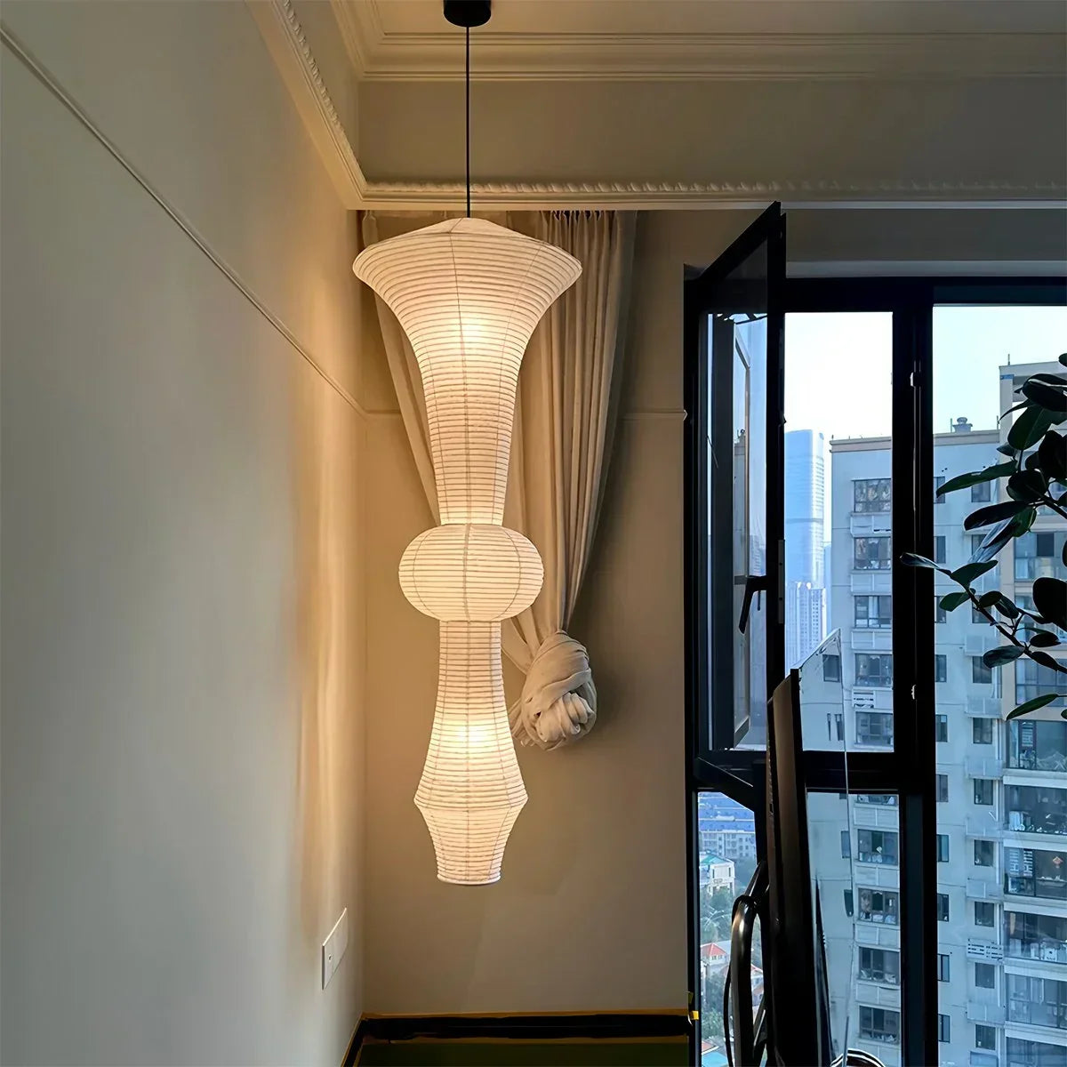 Washi Paper Corner Pendant Light for High Ceilings | Desfino