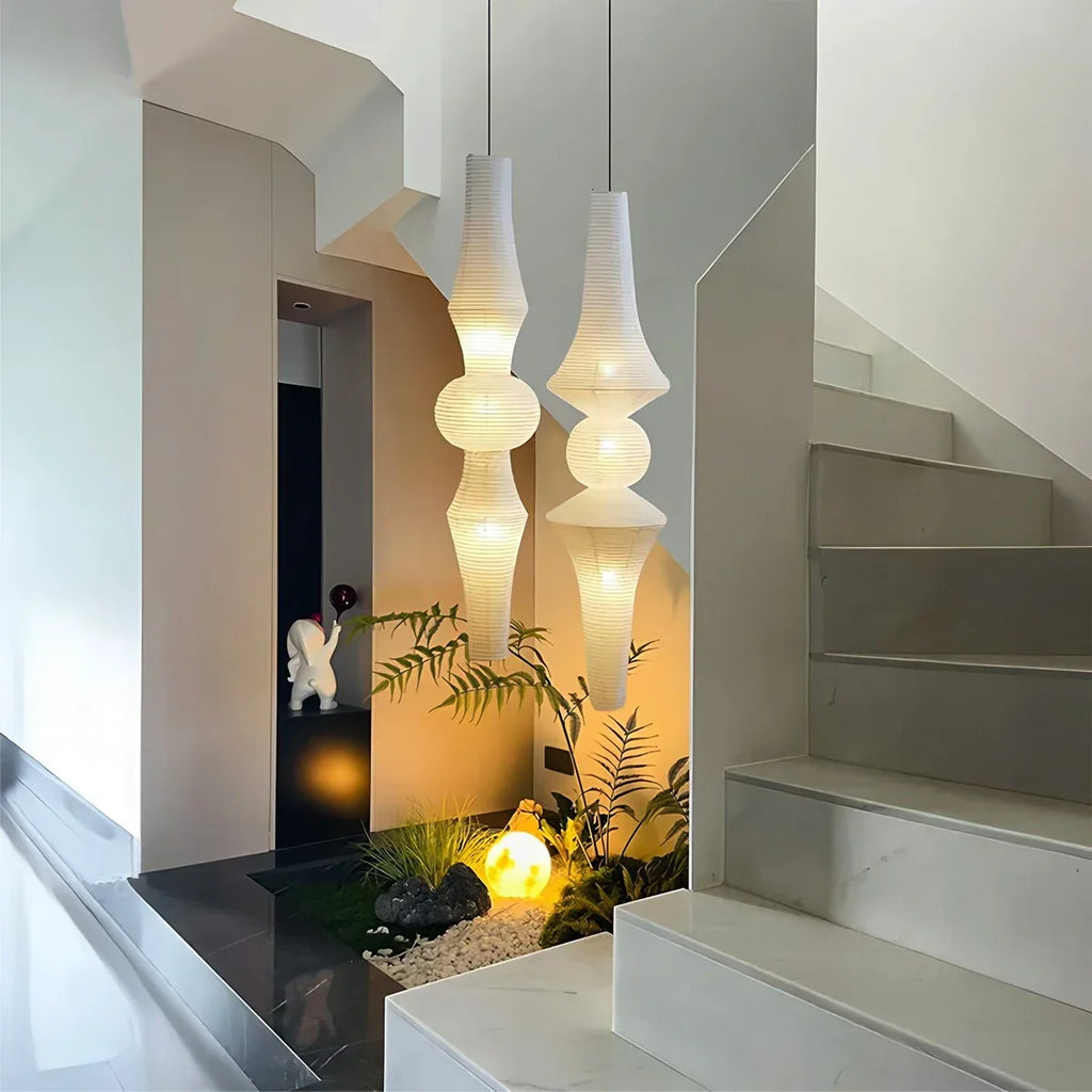 Washi Paper Corner Pendant Light for High Ceilings | Desfino