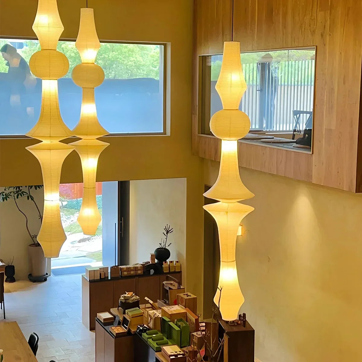 Washi Paper Corner Pendant Light for High Ceilings | Desfino