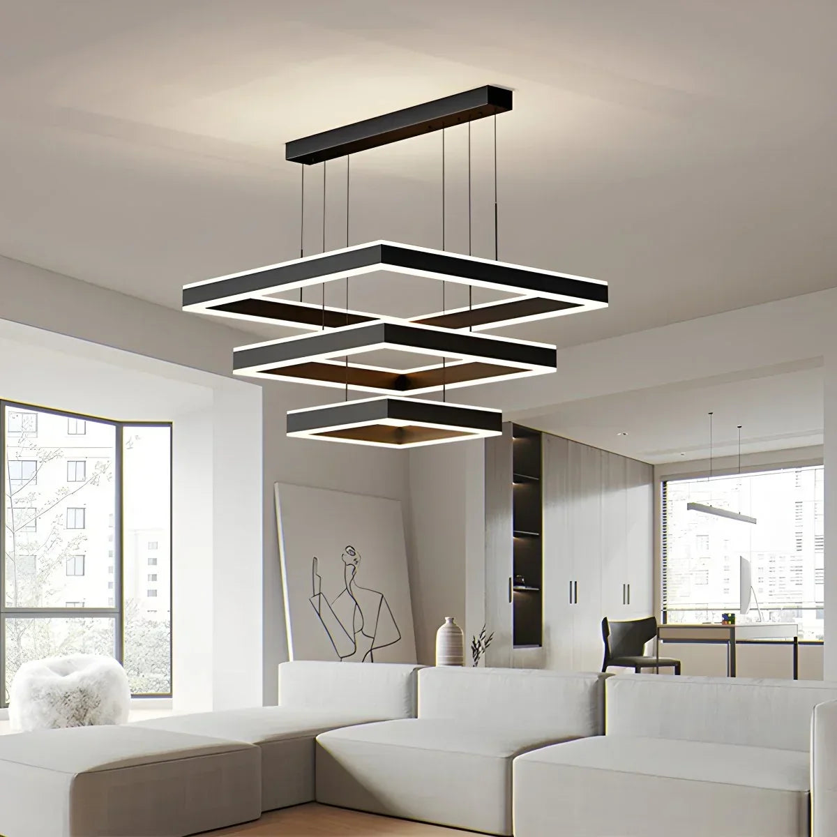 Tiered Black Square Pendant Lamp for Living Room | Desfino