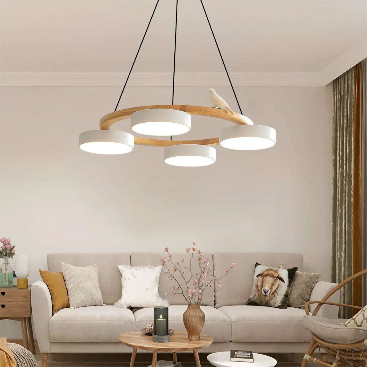 Round Wood Chandelier with Bird Accents for Living Room | Desfino