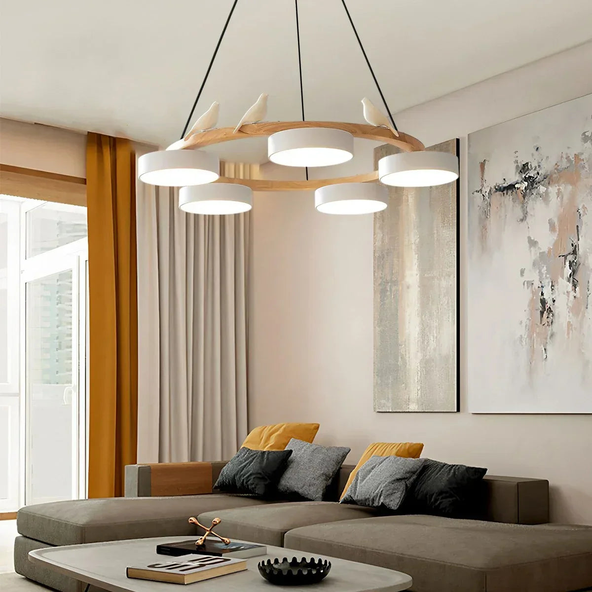 Round Wood Chandelier with Bird Accents for Living Room | Desfino