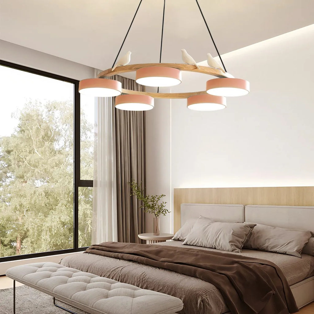Round Wood Chandelier with Bird Accents for Living Room | Desfino