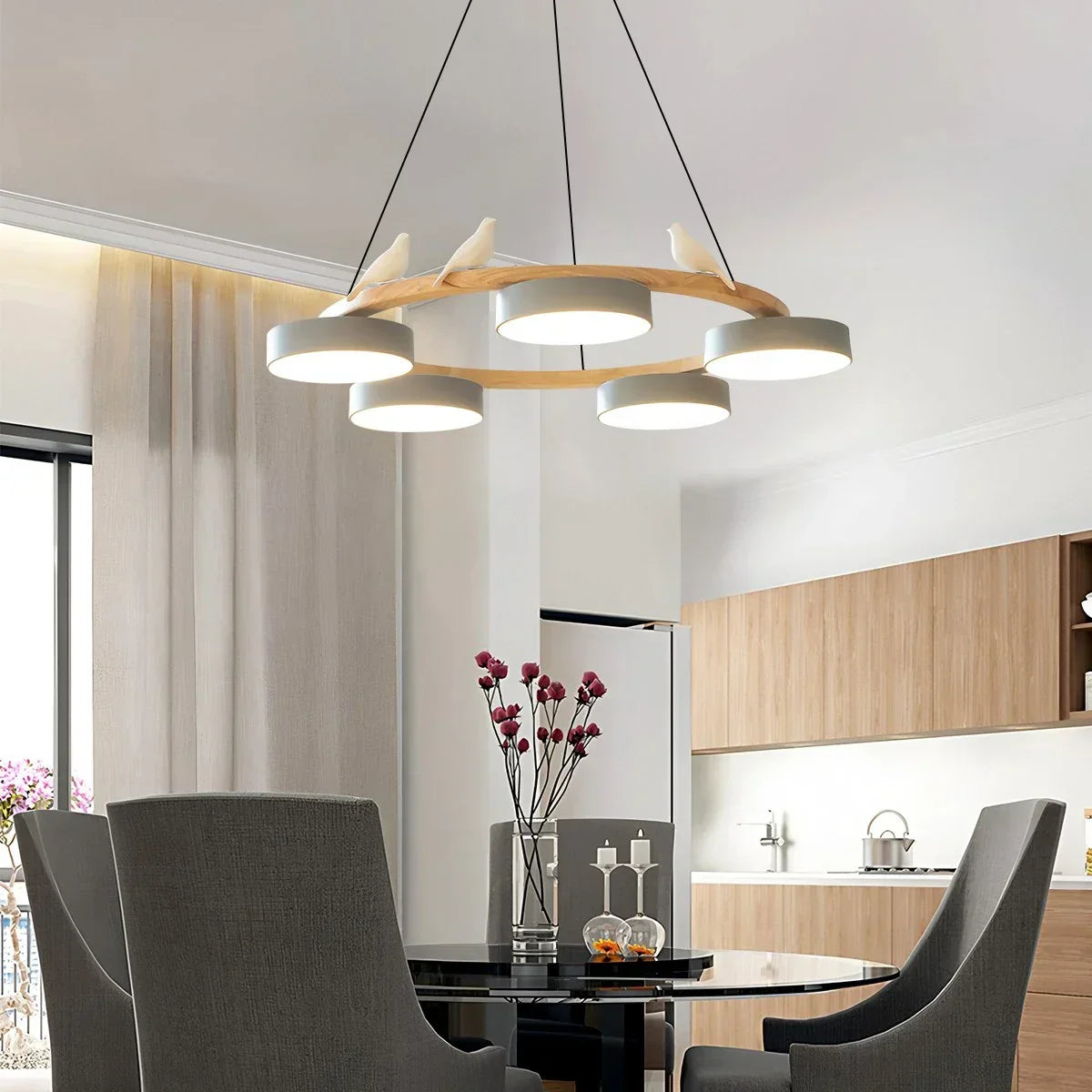 Round Wood Chandelier with Bird Accents for Living Room | Desfino