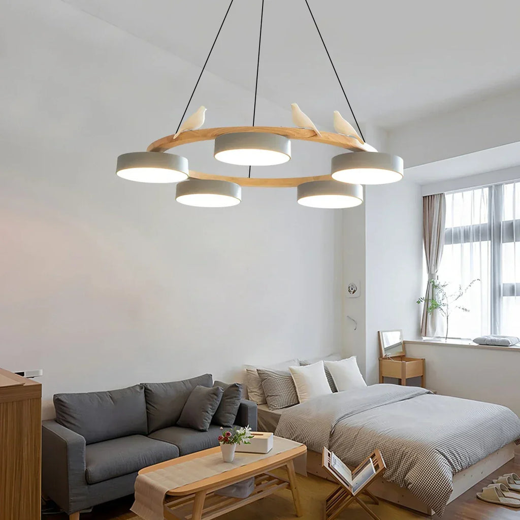 Round Wood Chandelier with Bird Accents for Living Room | Desfino