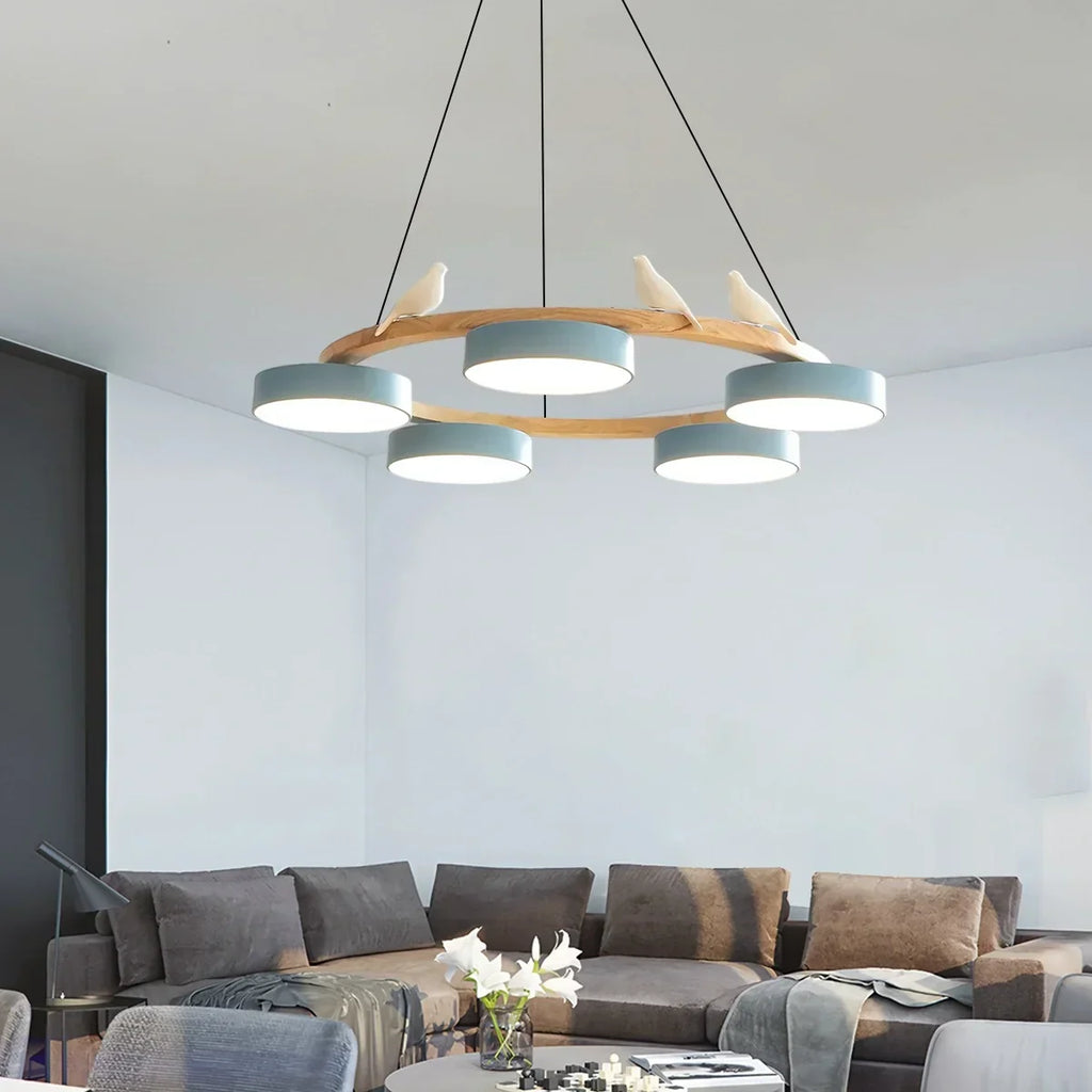 Round Wood Chandelier with Bird Accents for Living Room | Desfino