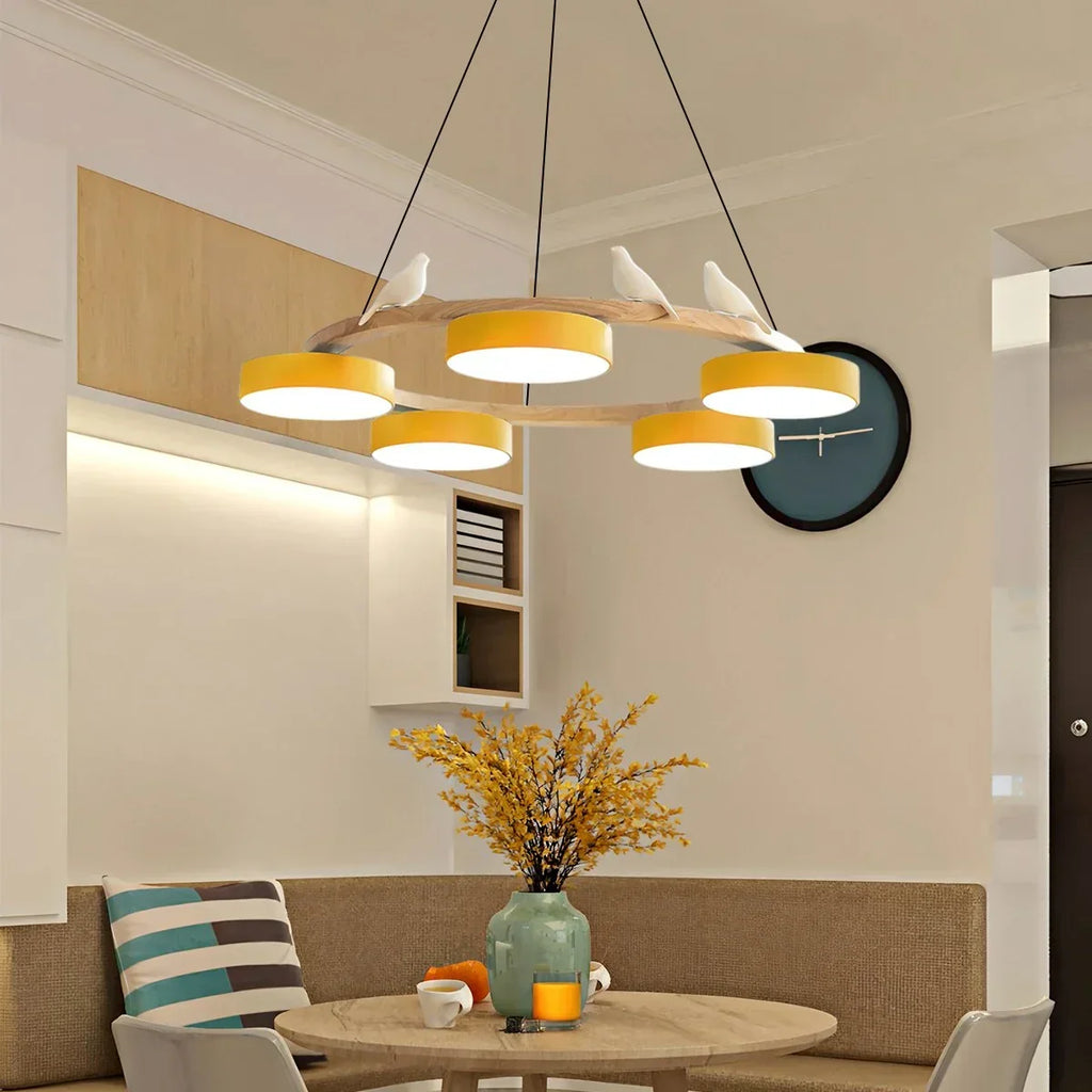 Round Wood Chandelier with Bird Accents for Living Room | Desfino