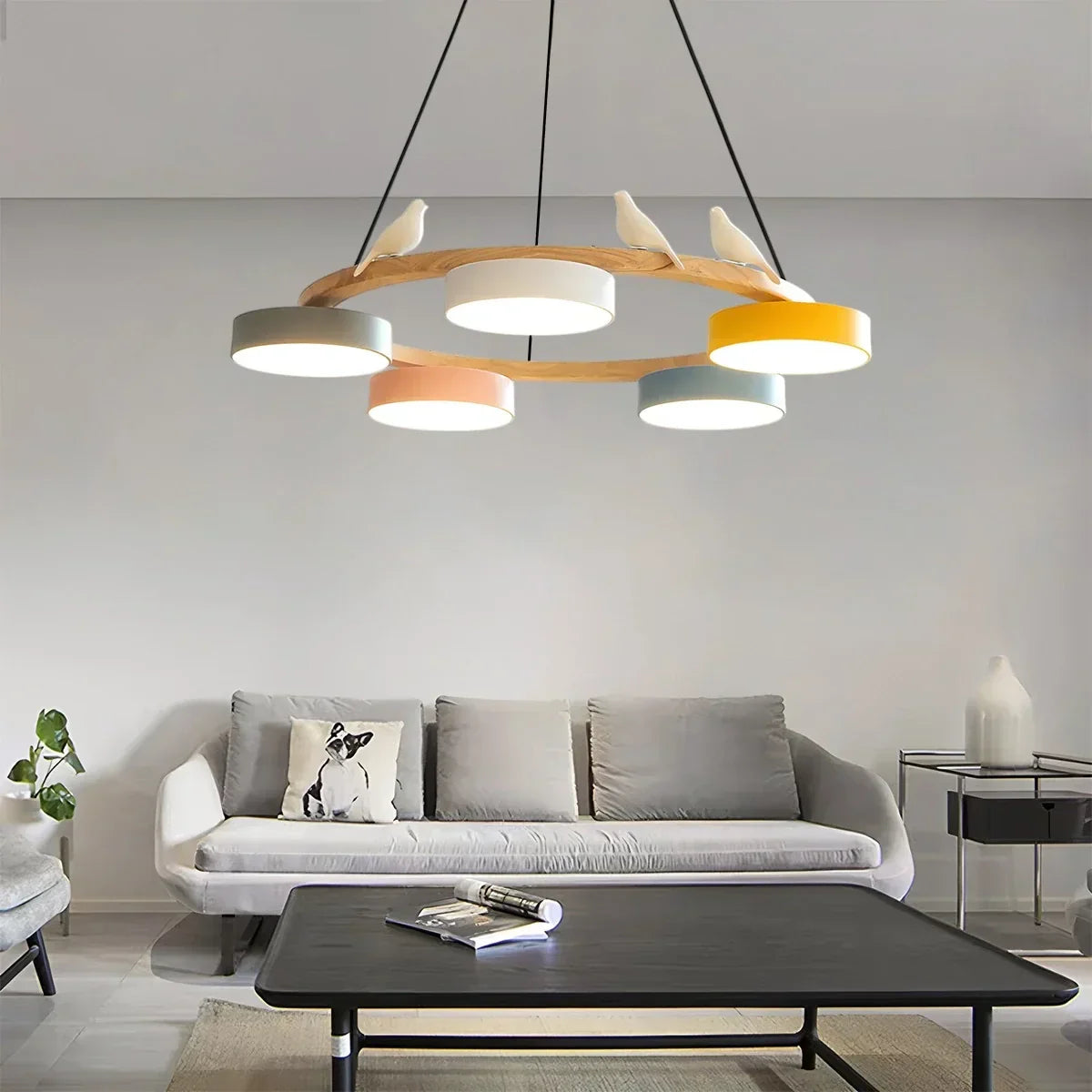 Round Wood Chandelier with Bird Accents for Living Room | Desfino