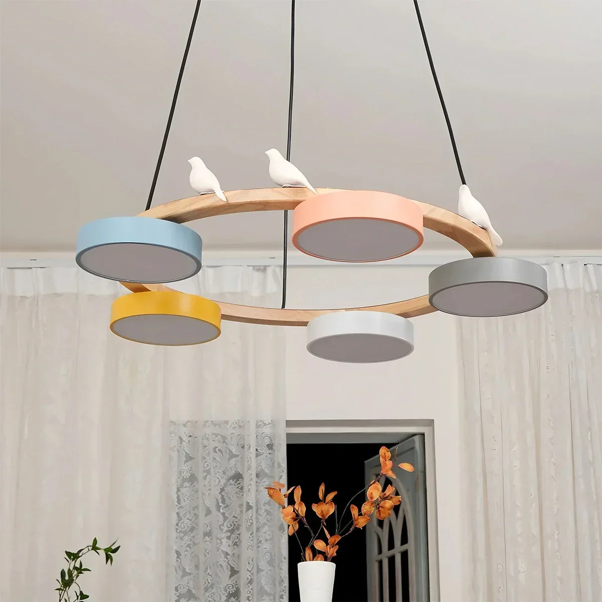 Round Wood Chandelier with Bird Accents for Living Room | Desfino