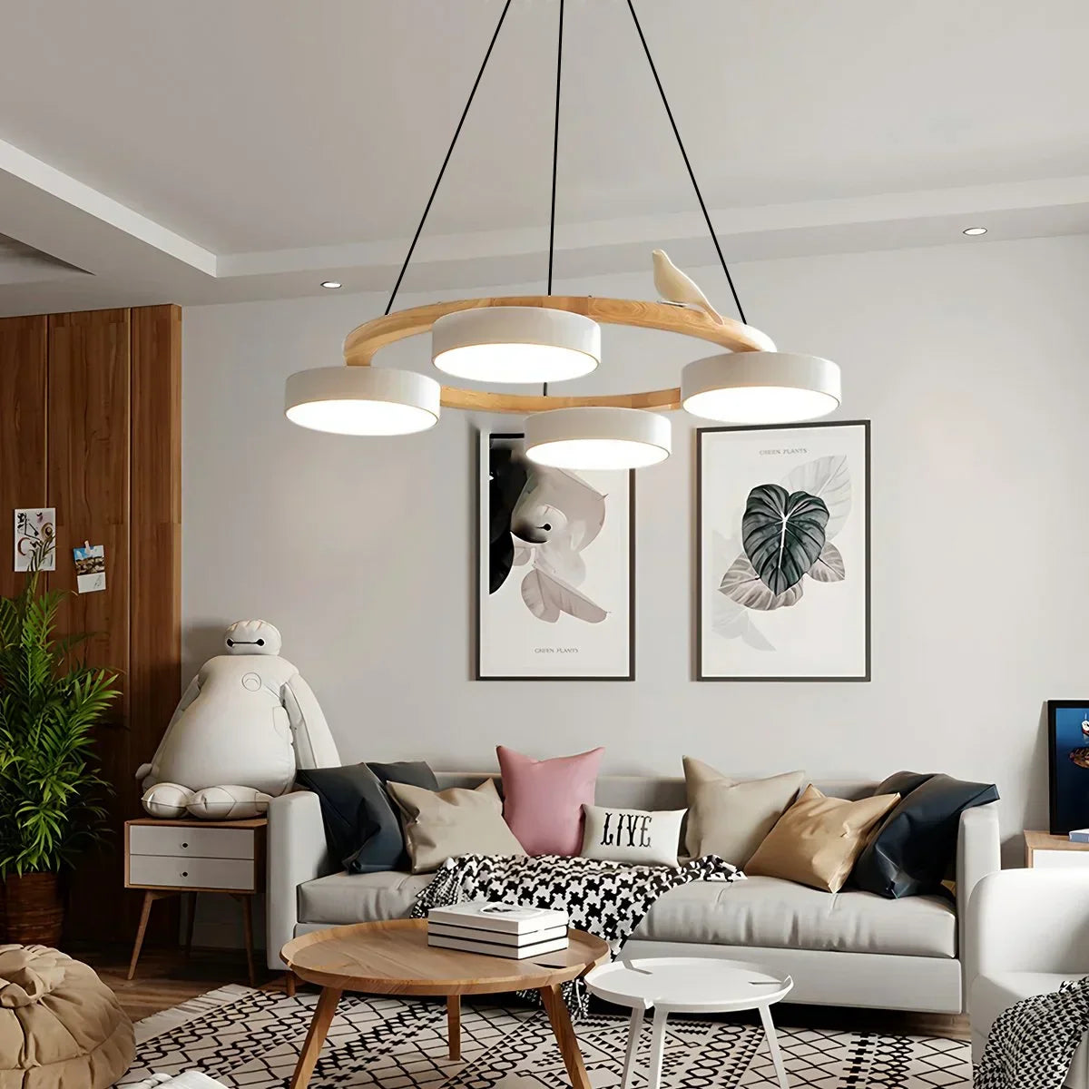 Round Wood Chandelier with Bird Accents for Living Room | Desfino