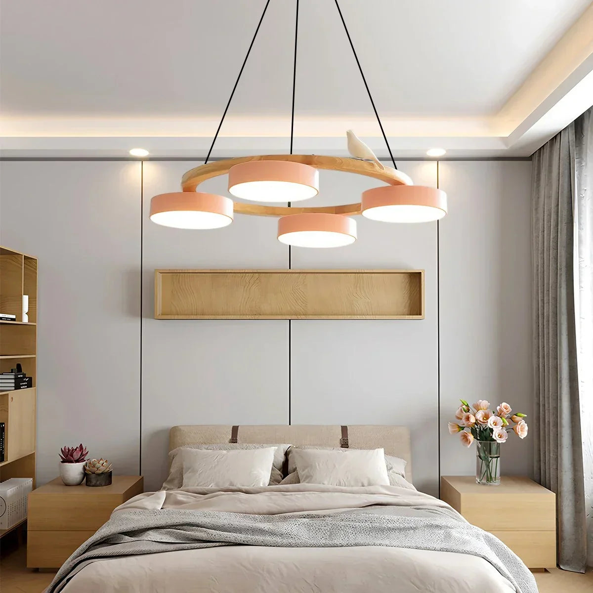 Round Wood Chandelier with Bird Accents for Living Room | Desfino