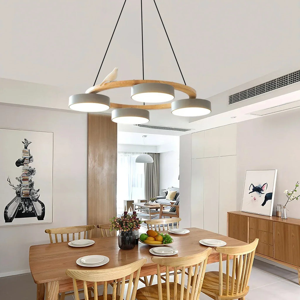 Round Wood Chandelier with Bird Accents for Living Room | Desfino
