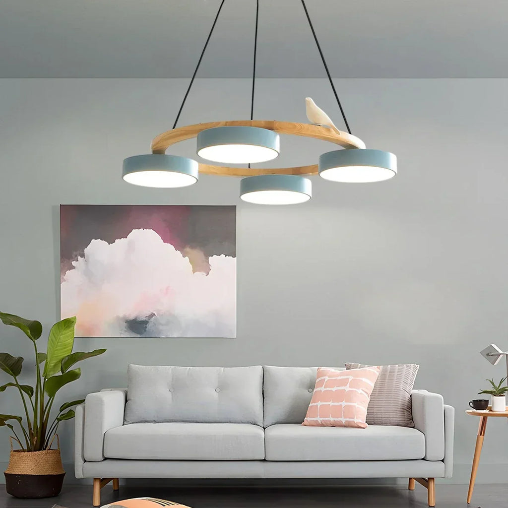 Round Wood Chandelier with Bird Accents for Living Room | Desfino