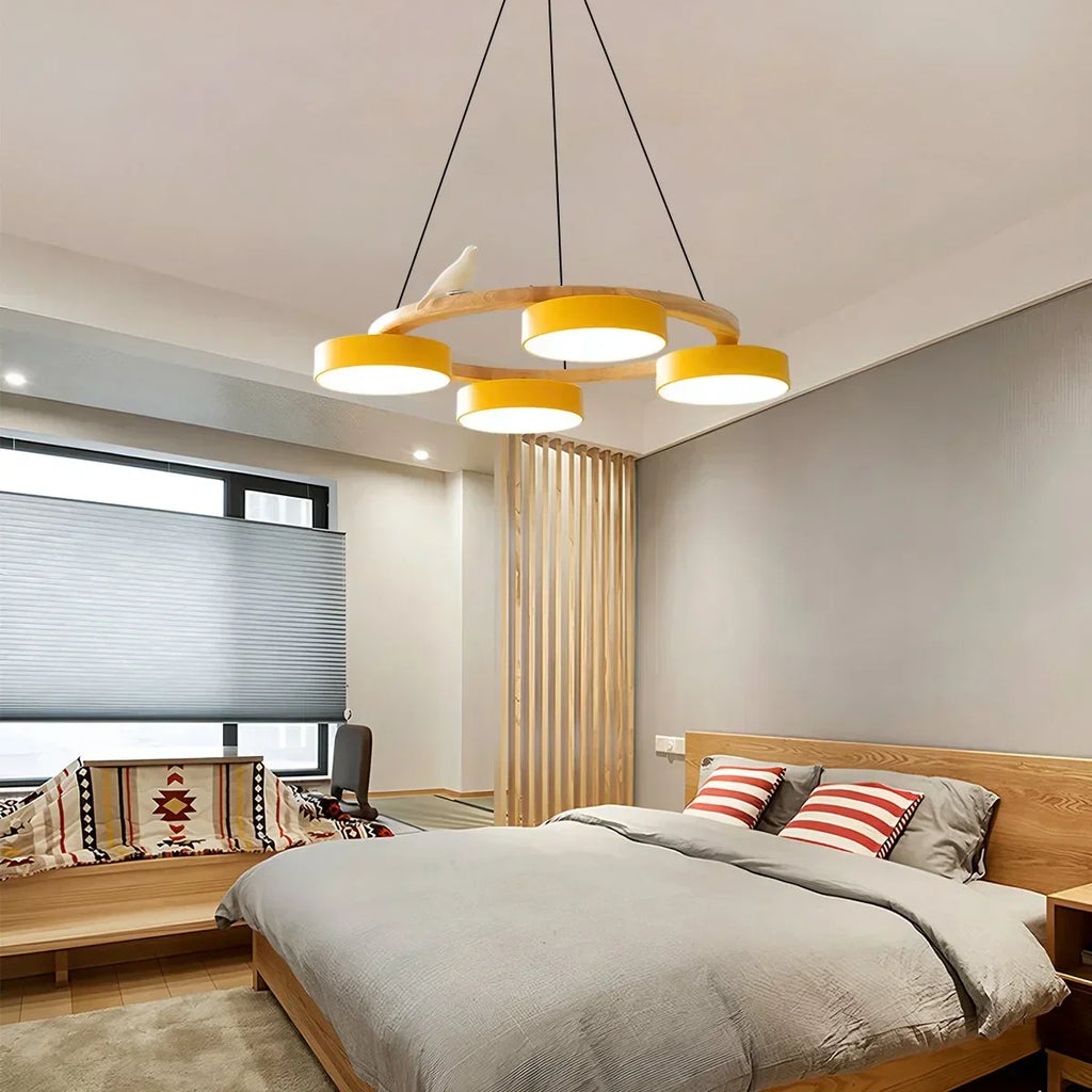 Round Wood Chandelier with Bird Accents for Living Room | Desfino