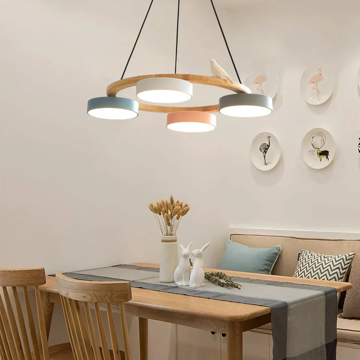 Round Wood Chandelier with Bird Accents for Living Room | Desfino