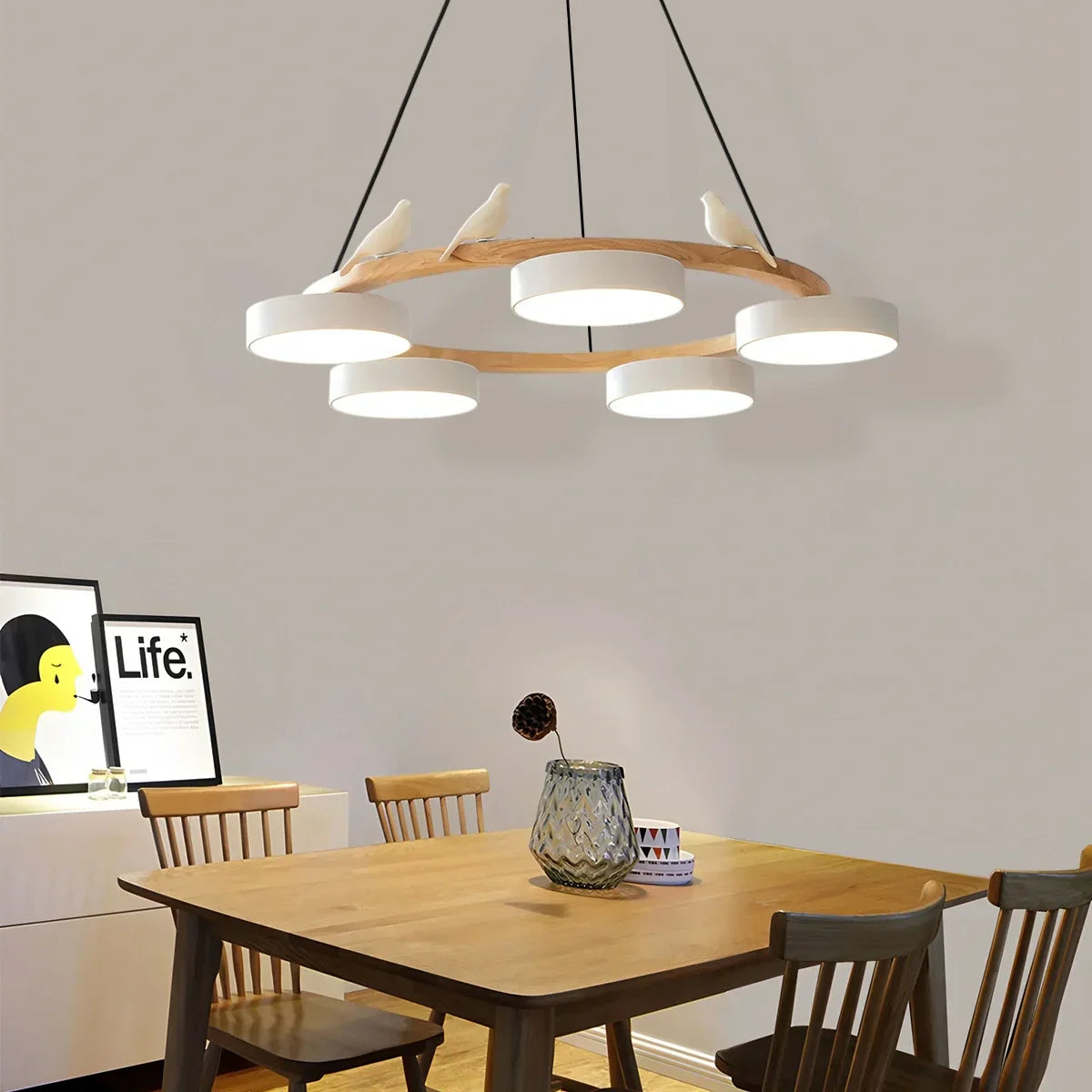 Round Wood Chandelier with Bird Accents for Living Room | Desfino
