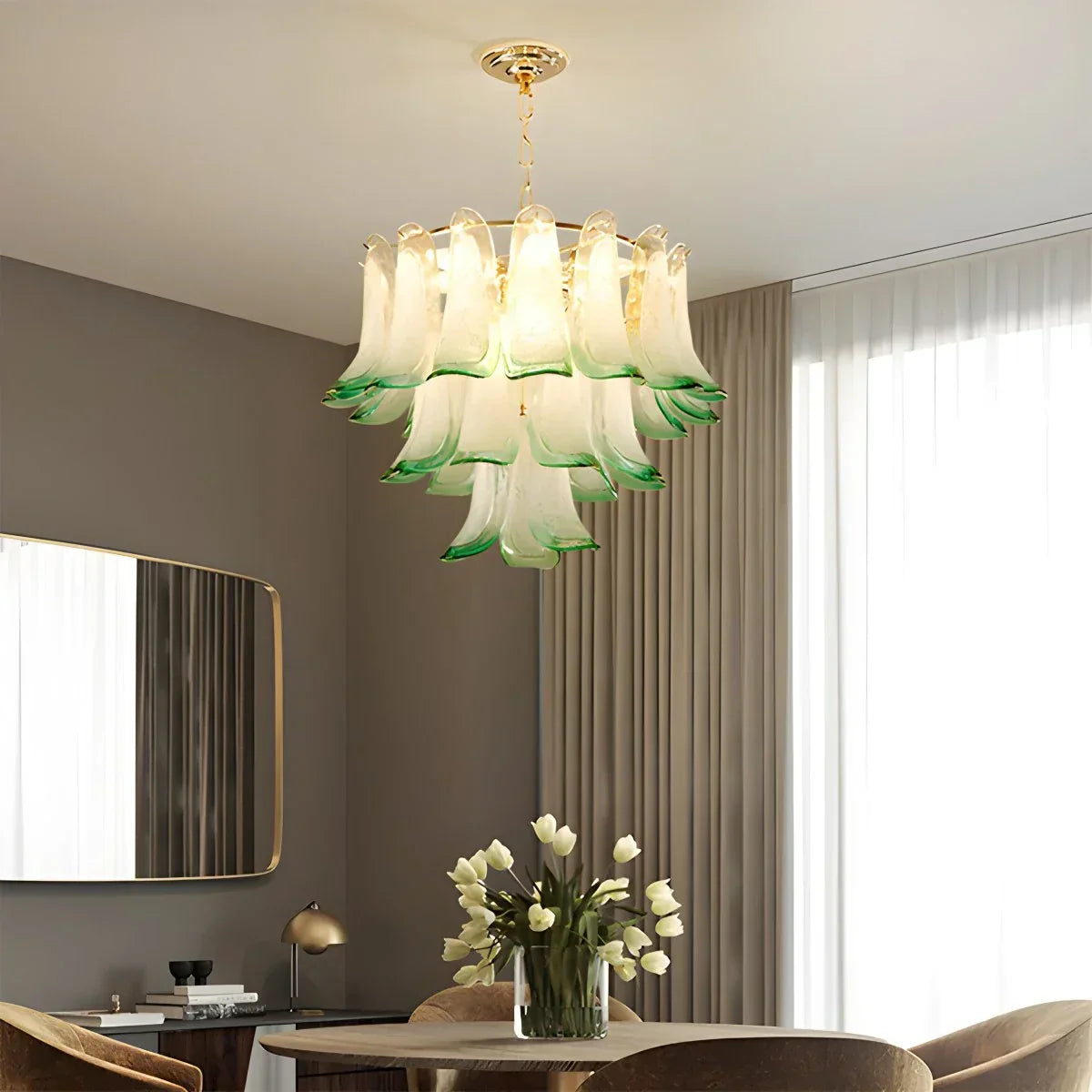 Gold Tiered Green Glass Chandelier for High Ceiling | Desfino