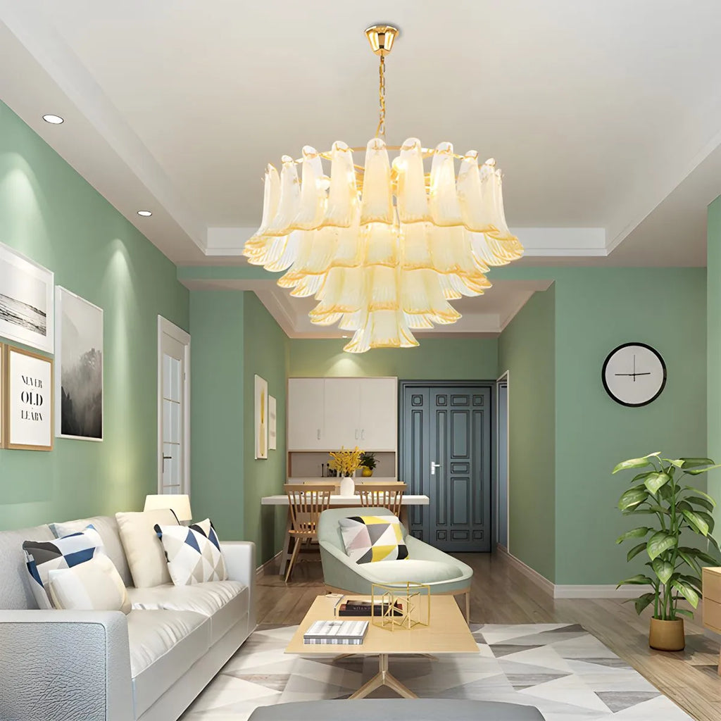Gold Tiered Green Glass Chandelier for High Ceiling | Desfino