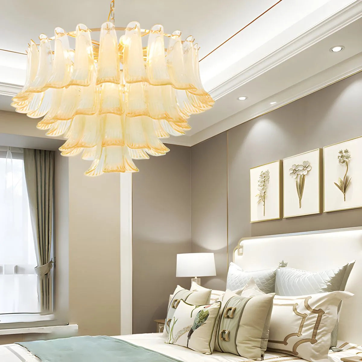 Gold Tiered Green Glass Chandelier for High Ceiling | Desfino