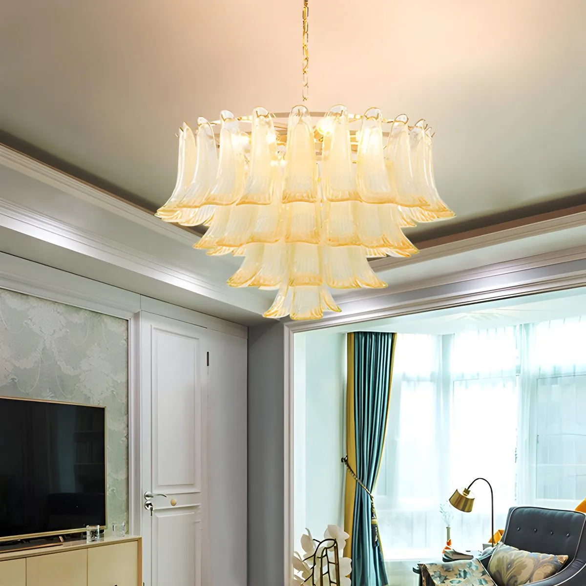 Gold Tiered Green Glass Chandelier for High Ceiling | Desfino