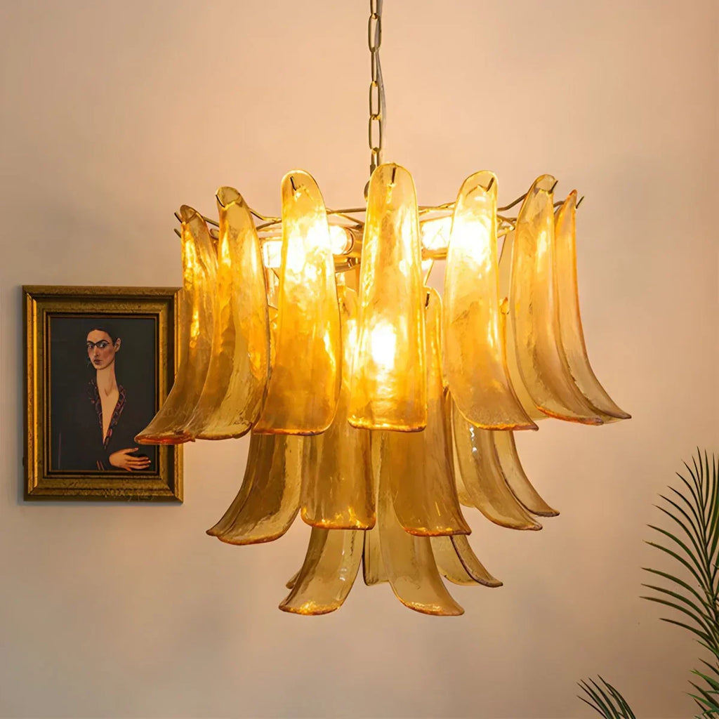 Gold Tiered Green Glass Chandelier for High Ceiling | Desfino