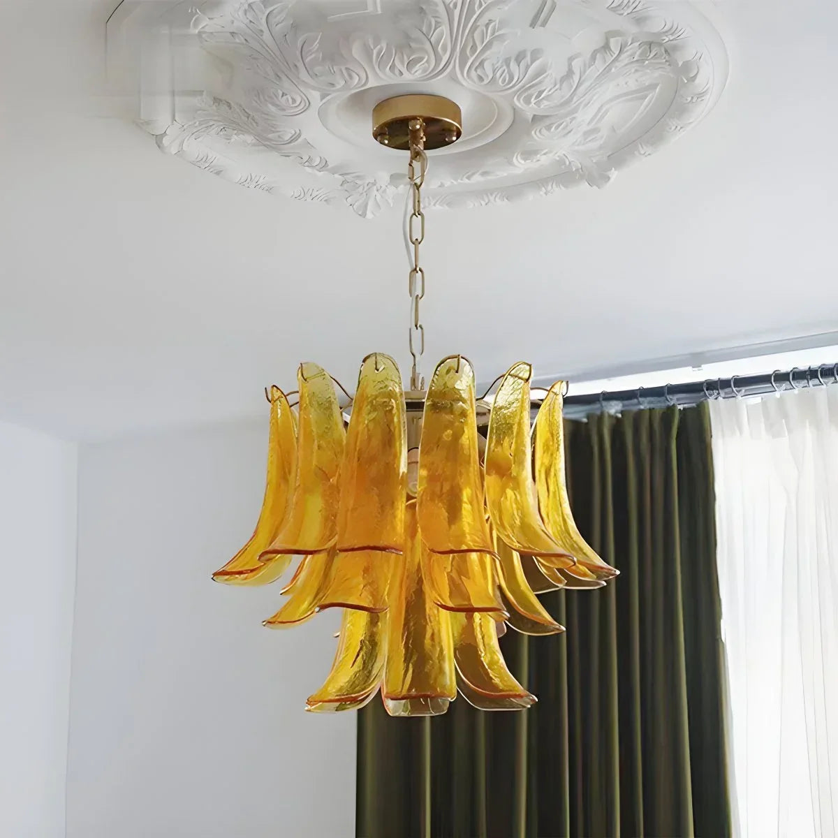 Gold Tiered Green Glass Chandelier for High Ceiling | Desfino
