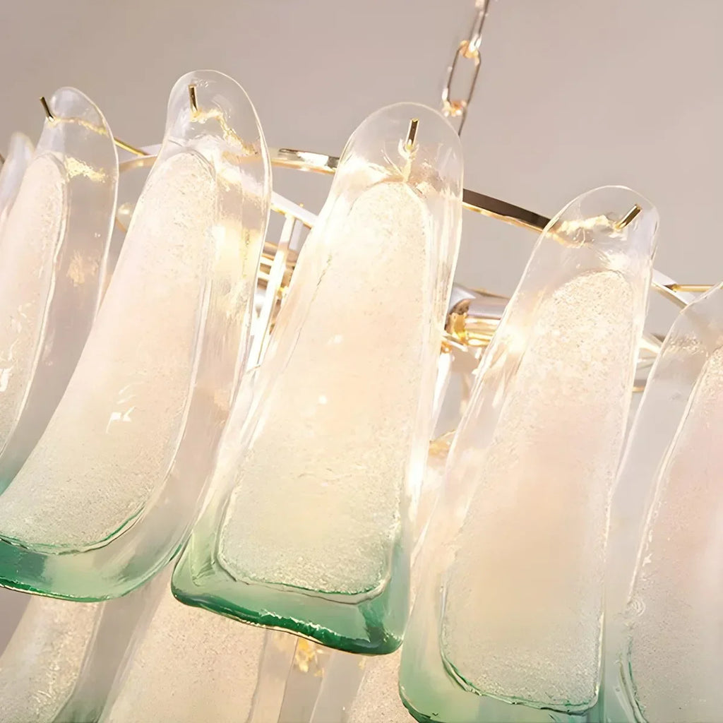 Gold Tiered Green Glass Chandelier for High Ceiling | Desfino