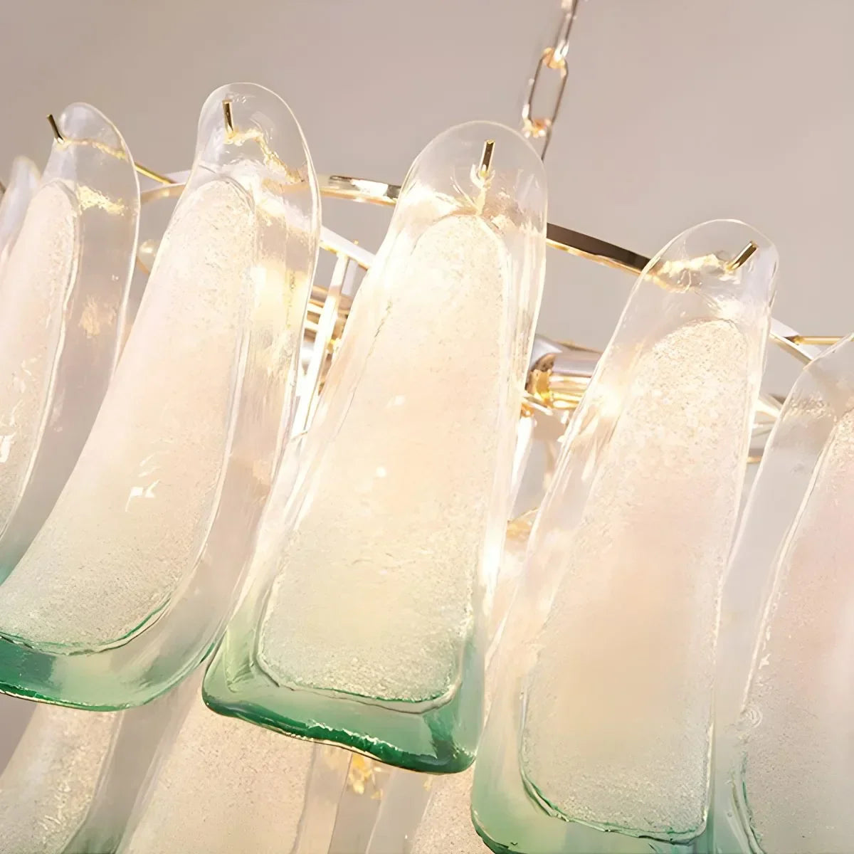 Gold Tiered Green Glass Chandelier for High Ceiling | Desfino