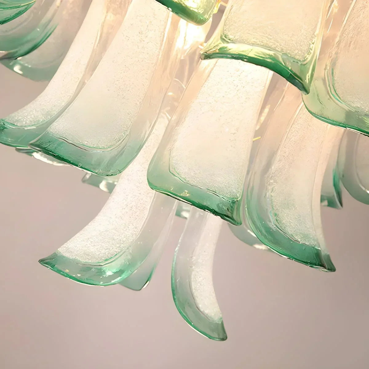 Gold Tiered Green Glass Chandelier for High Ceiling | Desfino