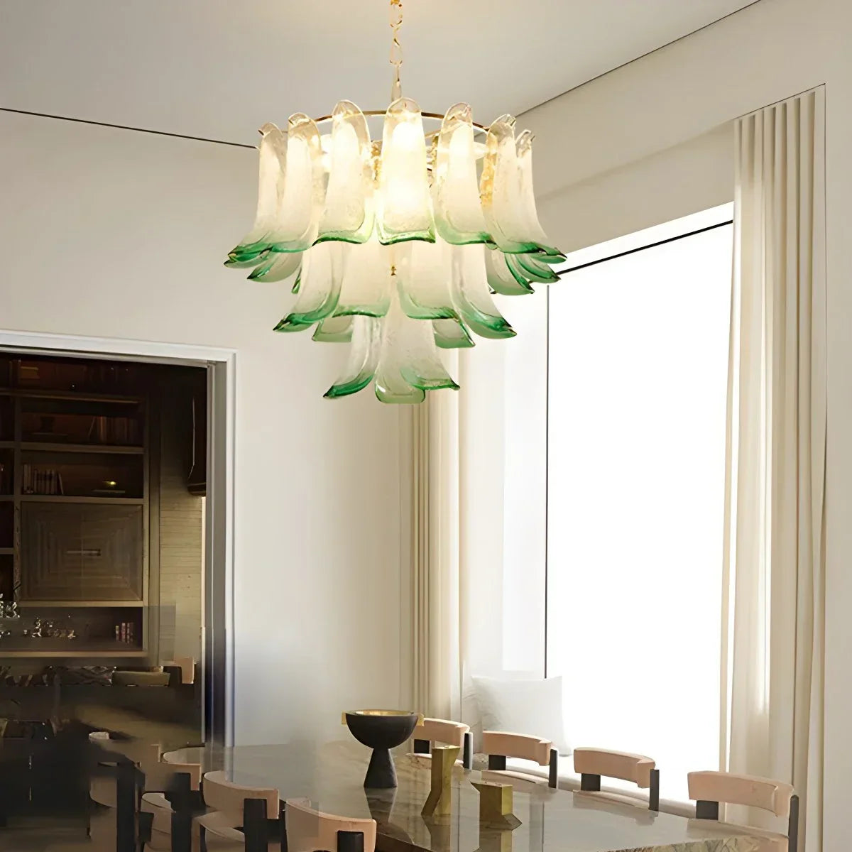 Gold Tiered Green Glass Chandelier for High Ceiling | Desfino