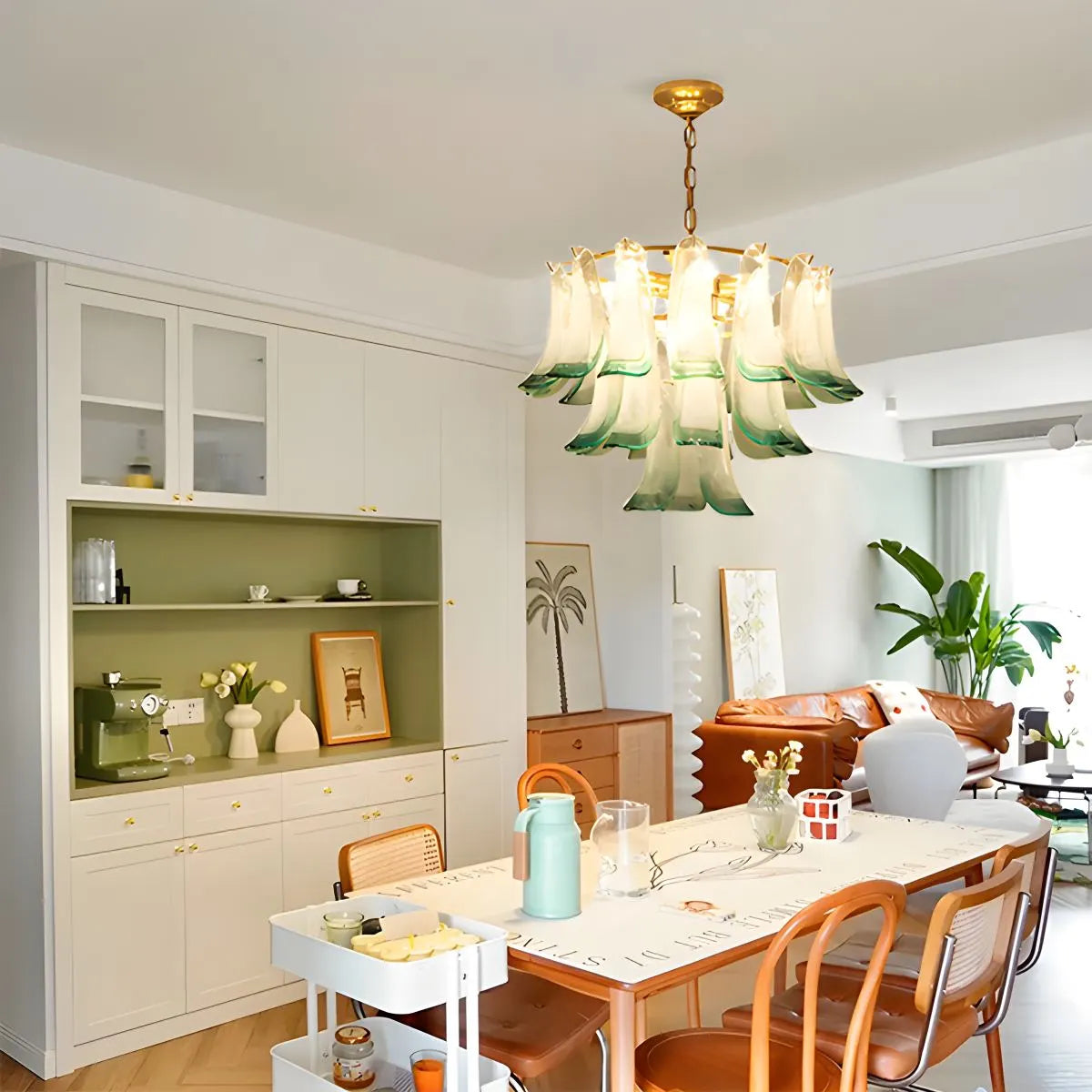 Gold Tiered Green Glass Chandelier for High Ceiling | Desfino